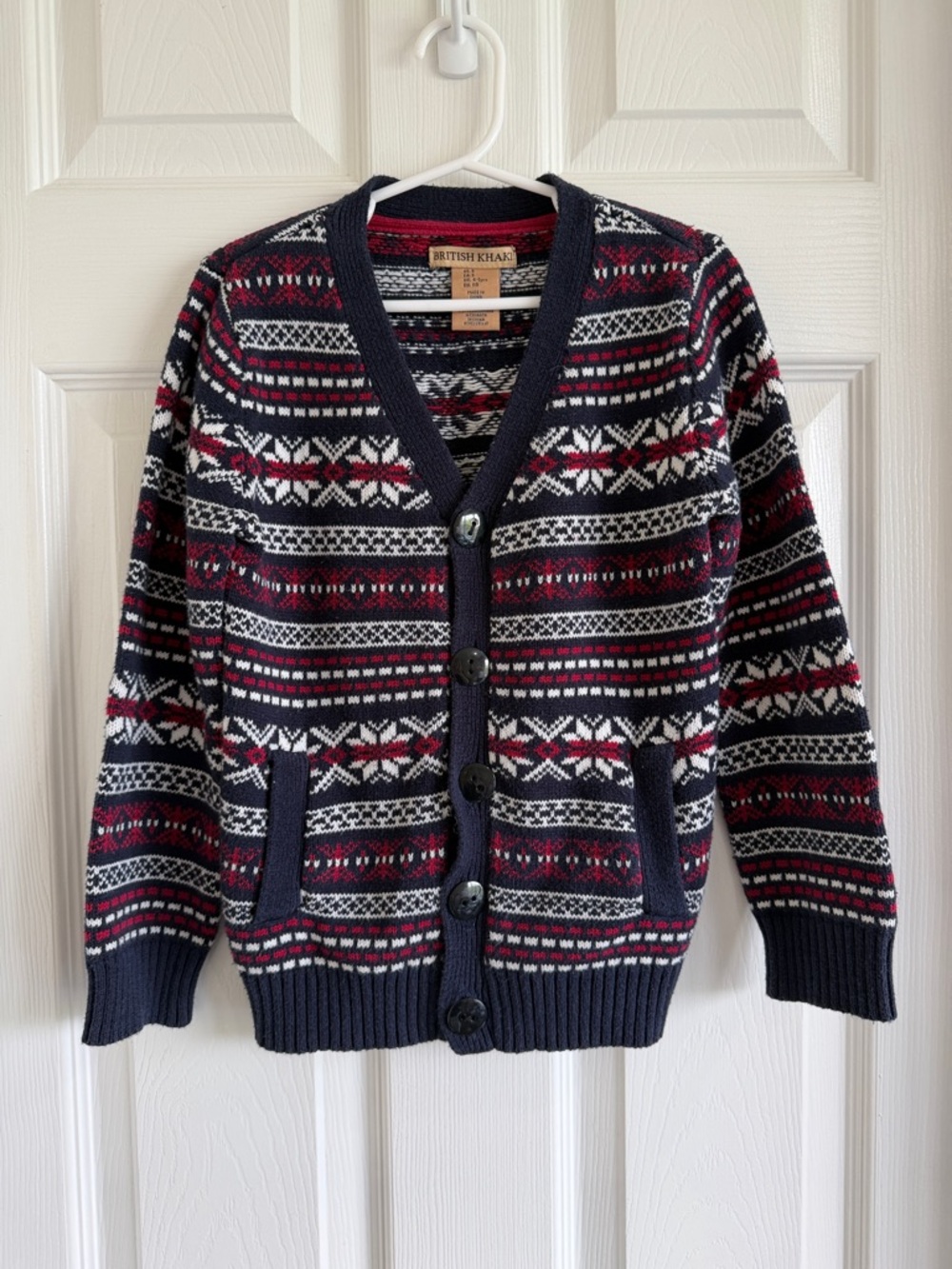 Boys British Khaki Navy, White & Burgundy Fair Isle Button Cardigan